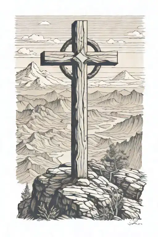 wood cross on cliff overlooking mountains tattoo design idea