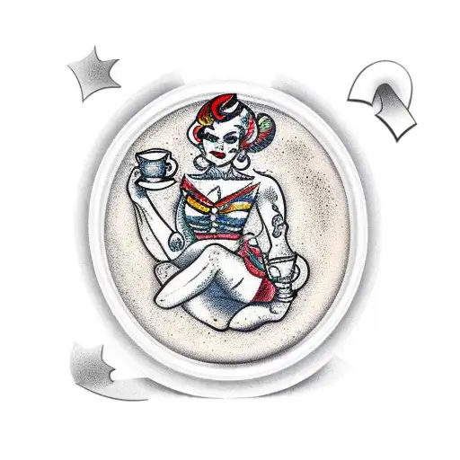 sailor jerry girl sitting inside a cappuccino mug with her arms and legs out tattoo design idea