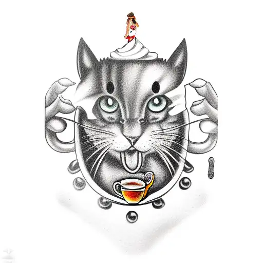 sailor jerry girl sitting inside a cappuccino mug with her arms and legs out tattoo design idea