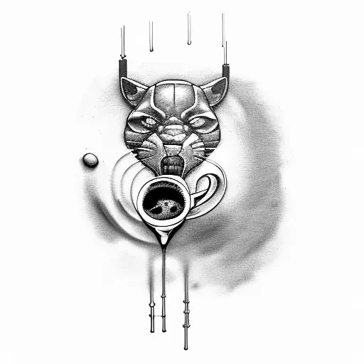 black panther crawling downwards with cappuccino cup hanging out of its mouth  tattoo design idea