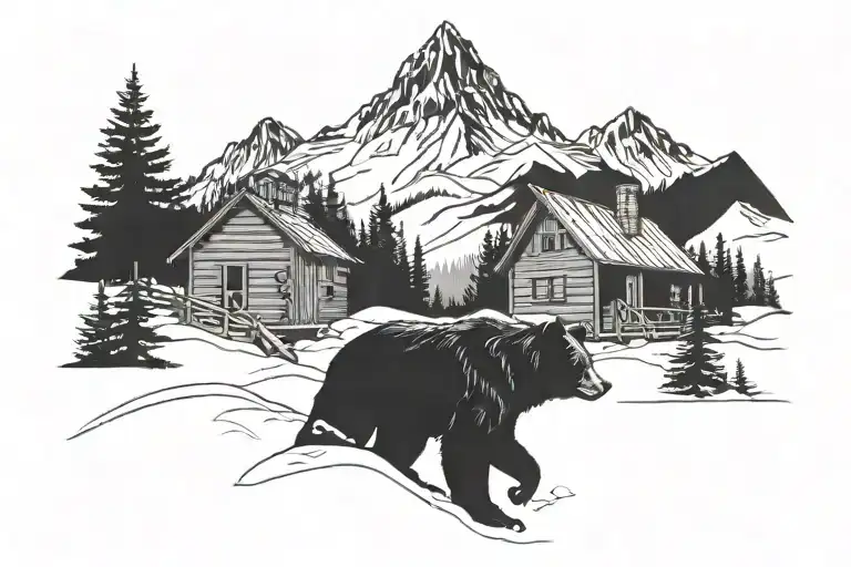a scene with mountains and a black bear and cabin covered in snow tattoo design idea
