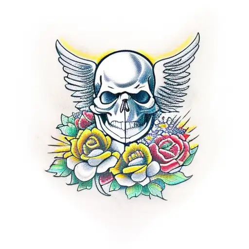 winged wheel with a skull in the center, surrounded by flowers and a cockroach  tattoo design idea