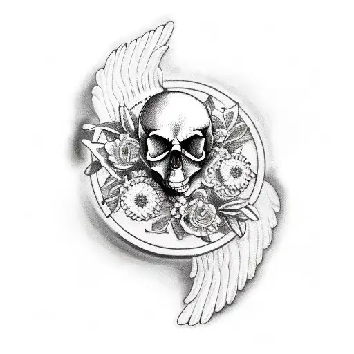 winged wheel with a skull in the center, surrounded by flowers and a cockroach  tattoo design idea