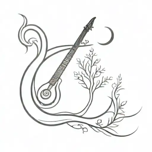 saraswati crescent moon serpent sitar juniper tree tattoo design idea