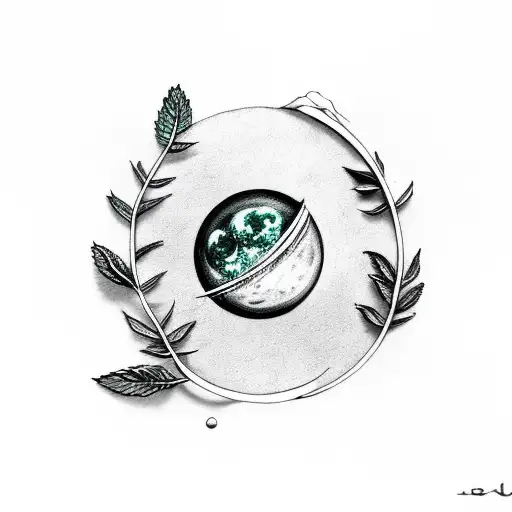 Moon with mint leaf and ring tattoo design idea