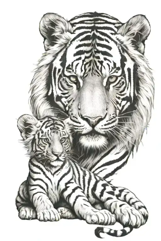 tiger mum with baby lion tattoo design idea