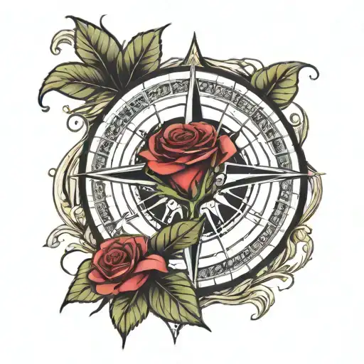 Compass Rose on top of a red rose that has 2 leaves tattoo design idea
