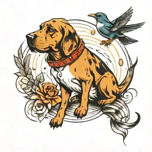 hound dog catching bird tattoo design idea