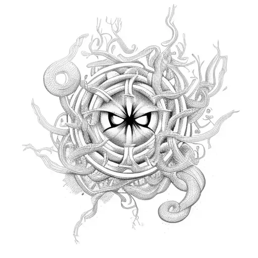 A dotwork design of the iconic Dr. Who sonic screwdriver intertwined with vines and flowers tattoo design idea