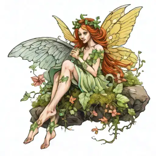 An enchanting fairy, her majestic wings spread wide, perched gracefully upon a moss-covered rock with one delicate foot  tattoo design idea