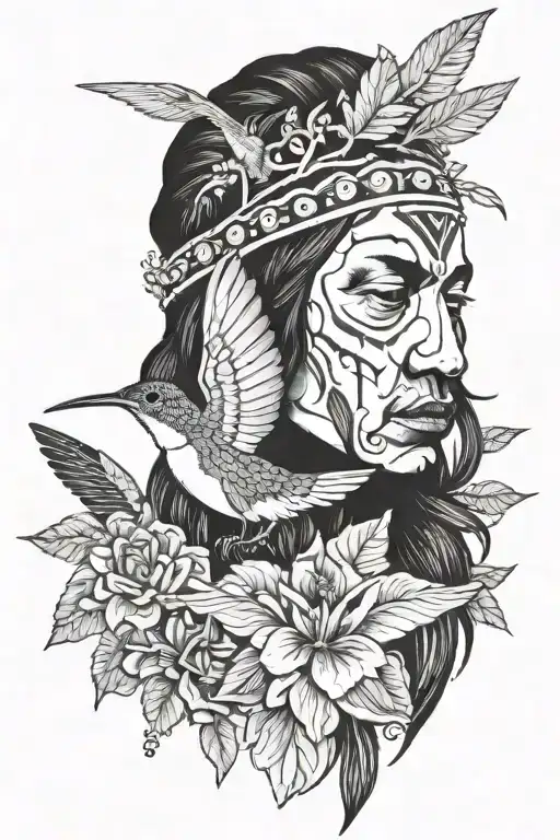 native american indian head with a hummingbird sipping nectar tattoo design idea