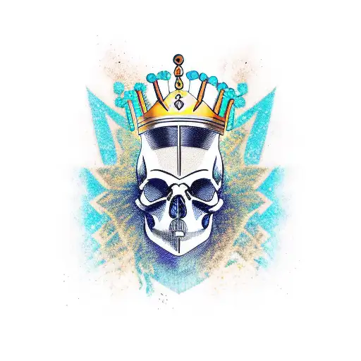 A new-school tattoo of a skull wearing an Egyptian pharaoh's crown surrounded by hieroglyphics tattoo design idea