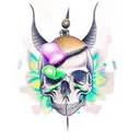 A new-school tattoo of tinkerbell sitting on a skull tattoo design idea