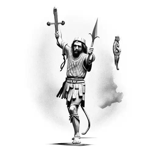 David slinging stone at Goliath biblical tattoo design idea
