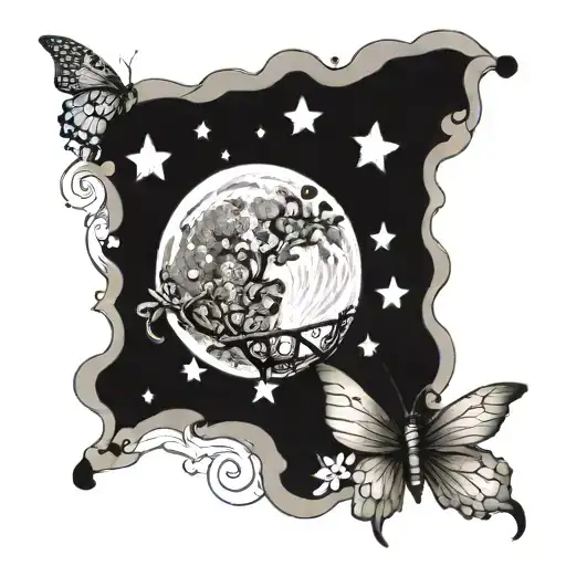 the moon and a little butterfly tattoo design idea