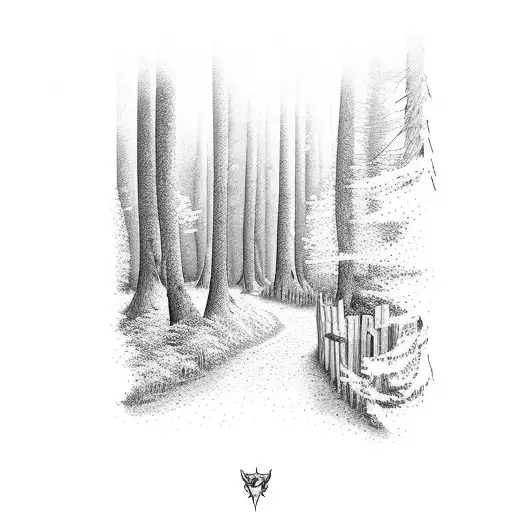 Forest path leading to a hidden Bavarian village tattoo design idea