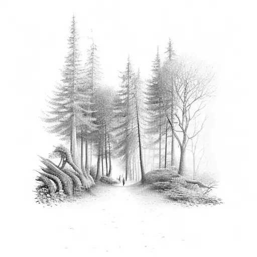 Forest path leading to a hidden Bavarian village tattoo design idea