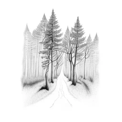 Forest path leading to a hidden Bavarian village tattoo design idea
