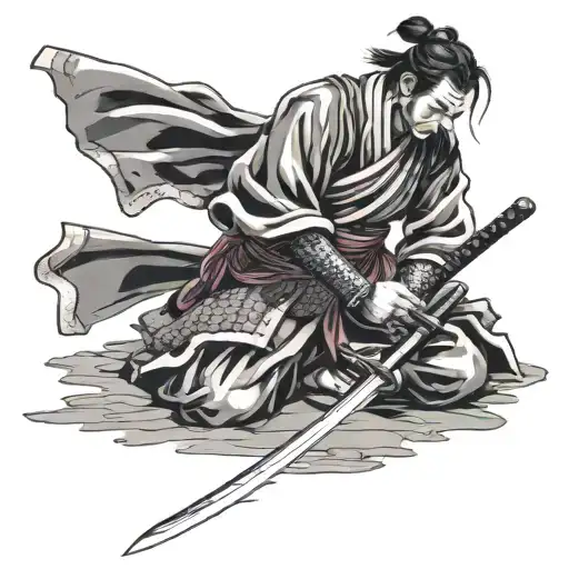 the samurai bent his knee on the ground, in his hands he holds a sword stuck in the ground tattoo design idea