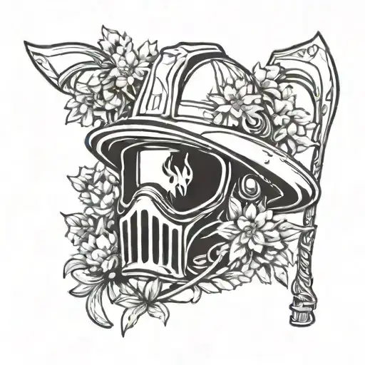 A blackwork tattoo of a firefighter's helmet and axe surrounded by wildflowers and flames, representing the duality of their job tattoo design idea
