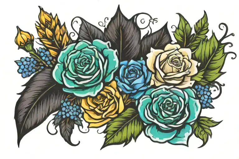 rose, daffodil, thistle, shamrock, and bluebonnet with 3 Harry Potter stars tattoo design idea