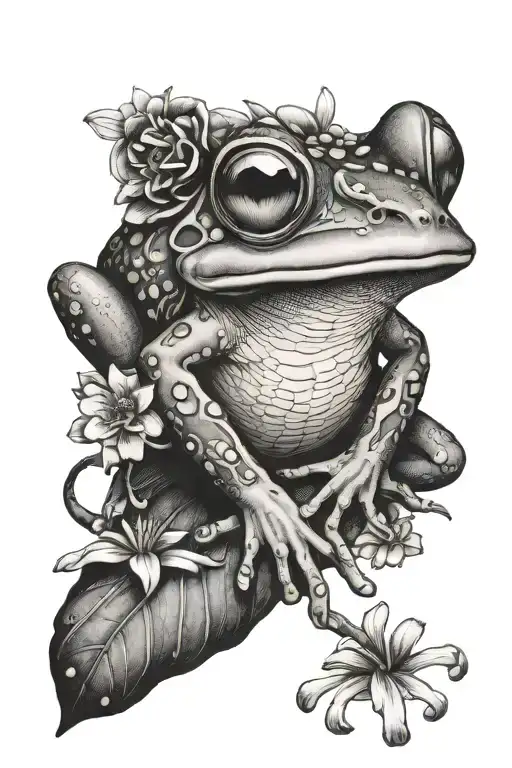 coqi frog sitting on Flor de maga flower blooming tattoo design idea
