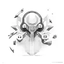 A futuristic video game character with a PS5 controller in hand tattoo design idea