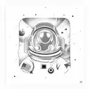 An astronaut holding a PS5 console while floating in zero gravity tattoo design idea