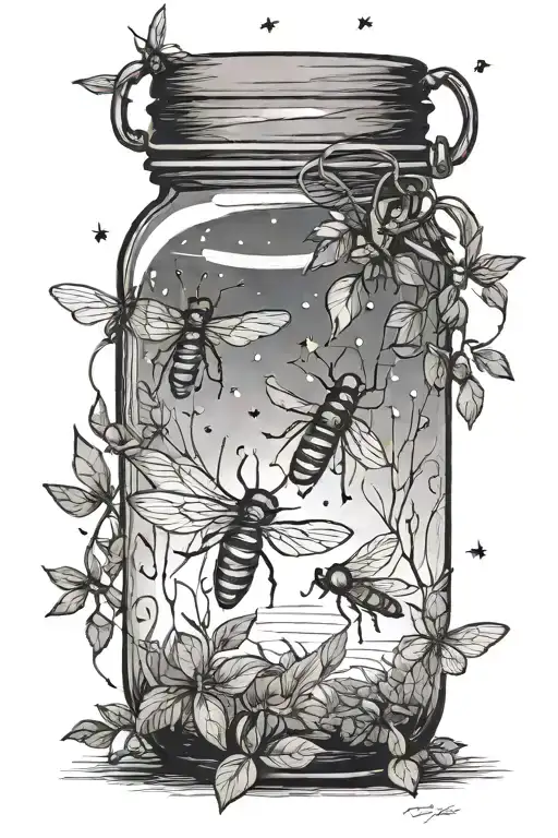 A tattoo based on the book firefly lane, with a Jar with 3 fireflies, one is in the jar 2 are flying out. fine line  tattoo design idea