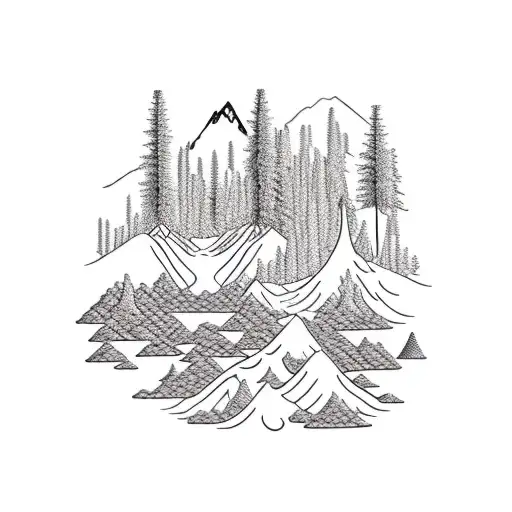 mountain with a river, beach, palm trees, and pine trees tattoo design idea