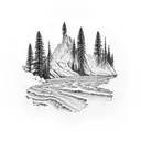 mountain with a river, beach, palm trees, and pine trees tattoo design idea