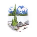 mountain with a river, beach, palm trees, and pine trees tattoo design idea