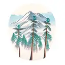 mountain with a river, beach, palm trees, and pine trees tattoo design idea
