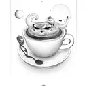 surrealist coffee and books animated tattoo design idea