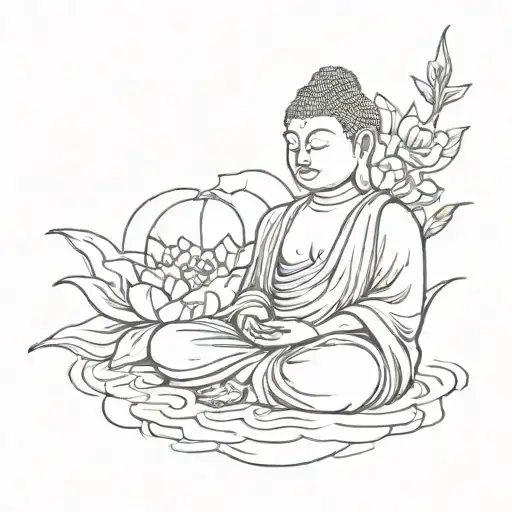 A sketch style tattoo of a Buddha meditating with a punk rock inspired background tattoo design idea