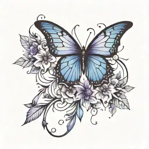 Small long fine line tattoo black purple and blue.. mostly black color with butterfly flower feather abstract geometric  tattoo design idea