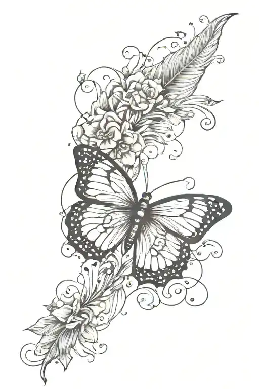 butterfly small fine line back tattoo featuring feathers and flowers all in one straight line down the back    tattoo design idea