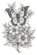 butterfly small fine line back tattoo featuring feathers and flowers  tattoo design idea