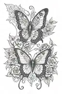 butterfly small fine line back tattoo featuring feathers and flowers  tattoo design idea