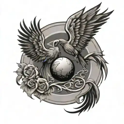 two phoenixes around a sun which has a heart wrapped in a band in the center.  tattoo design idea