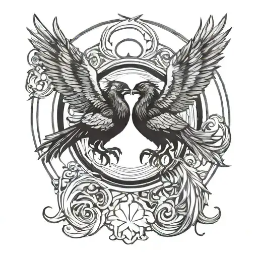 two phoenixes around a sun which has a heart wrapped in a band in the center.  tattoo design idea