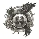 two phoenixes around a sun which has a heart wrapped in a band in the center.  tattoo design idea