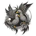 two phoenixes around a sun which has a heart wrapped in a band in the center.  tattoo design idea