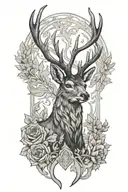 A black-grey tattoo of a majestic deer with a hidden silhouette of a soldier in the background tattoo design idea