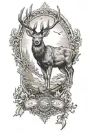 A black-grey tattoo of a majestic deer with a hidden silhouette of a soldier in the background tattoo design idea