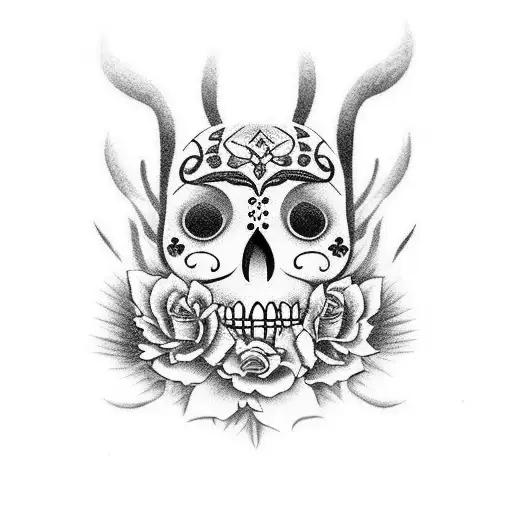 A stylized black and grey portrait of a saguaro cactus with Dia de Los muertos face paint tattoo design idea