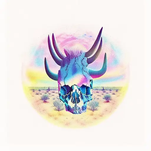 A majestic Arizona desert sunset with animal skulls incorporated tattoo design idea