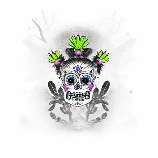A stylized black and grey portrait of a saguaro cactus with Dia de Los muertos face paint tattoo design idea