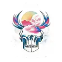 A majestic Arizona desert sunset with animal skulls incorporated tattoo design idea