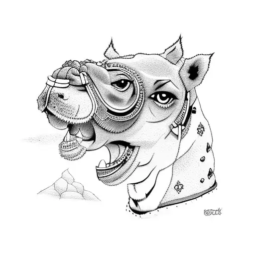 dog with camel caravan traveling over mossy rocks tattoo design idea